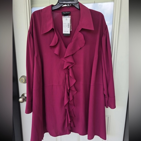 New Maggie Barnes Blouse Sz 5X Red Plus Ruffle Front Long Sleeve - Picture 4 of 13